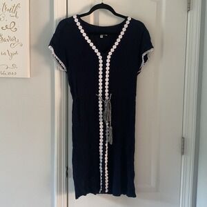 Spense navy white embroidered crochet size 6 drawstring dress midi bohemian